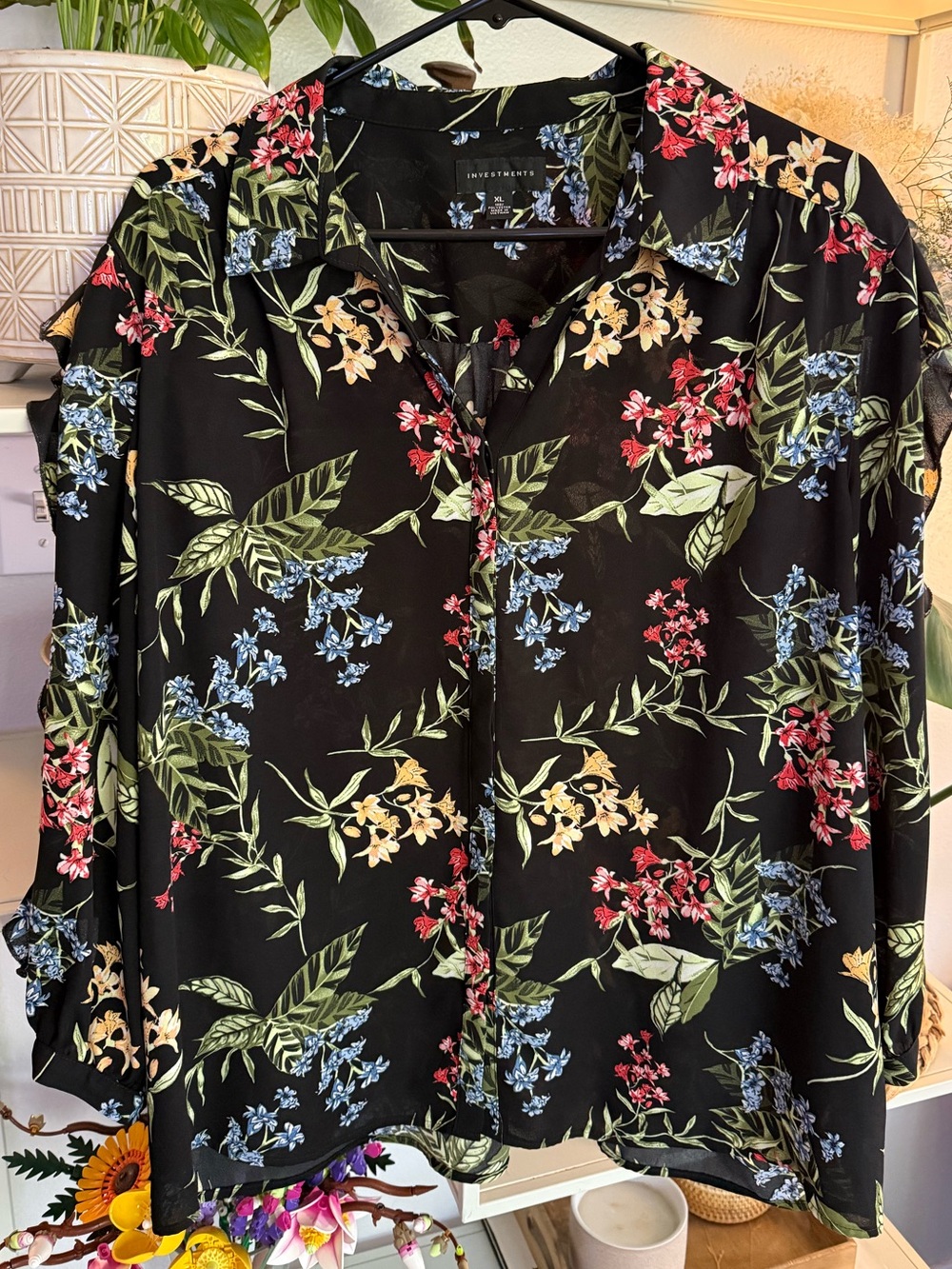 Investments Black Floral Button-Up Blouse with Red, Blue & Cream Blooms